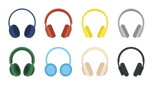 Eight multicolor over-ear wireless headphone flat vector icons in navy, red, yellow, gray, green, blue, cream and black shades isolated on white background for audio music design