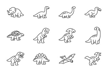 Dinosaur creature set icon. Horned triceratops, longneck sauropod, spotted reptile, armored ankylosaurus, roaring tyrannosaurus, flying pterosaur, plated stegosaurus, prehistoric wildlife. © Кирилл Макаров