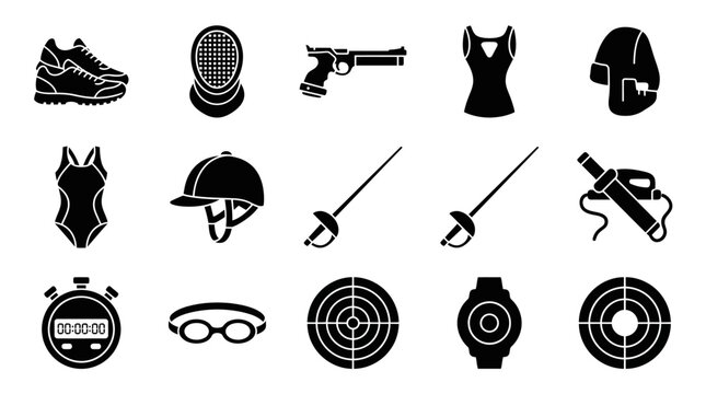 Modern pentathlon sports equipment icons set on white background
