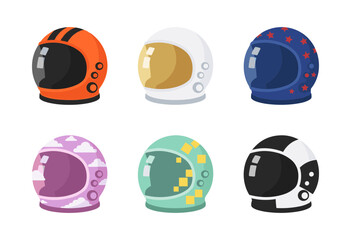 Fototapeta premium Flat vector collection of six colorful cartoon astronaut space helmets with unique decorative patterns isolated on blank white background for cosmos and astronomy graphic design