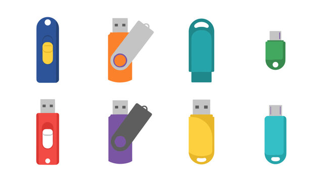 Multicolored flat USB flash drive icon set with swivel, slide and compact mini storage stick designs in blue, orange, teal, red, purple, yellow and green 