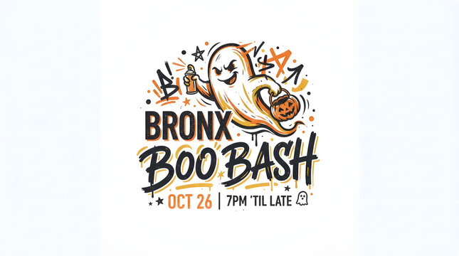 Bronx boo bash halloween party event flyer with ghost and pumpkin.