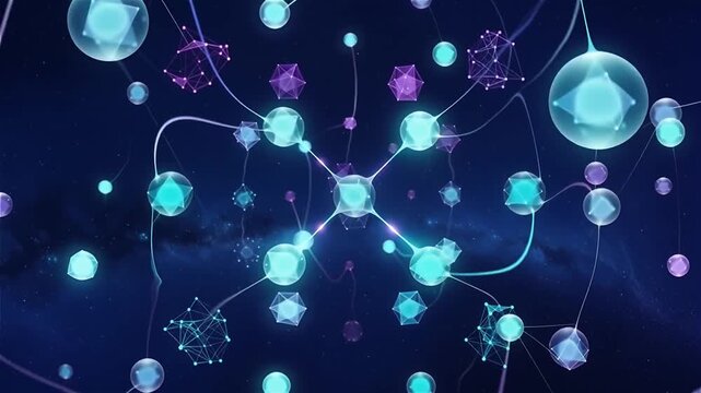 Abstract generative neural network particles floating and connecting in deep dark blue space, glowing soft cyan 