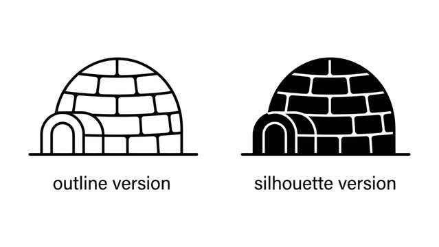 Igloo Icon Set: A clear and distinct visual representation of an igloo, presented in both an outline and silhouette version, perfect for illustrating cold climate dwellings or winter themes.
