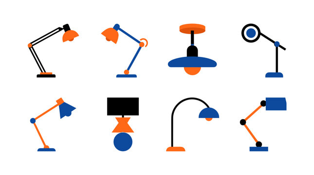 Minimal flat vector pack of eight adjustable desk lamps and ceiling lights with bold orange and blue geometric shapes, office lighting fixtures isolated on white background 