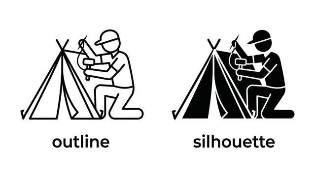 Tent Setup Icon: A simple graphic icon illustrating the process of setting up a tent, shown in both outline and silhouette styles, symbolizing camping and outdoor activity.
