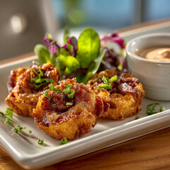Fototapeta premium Gourmet fried food bites served on a white platter with fresh salad and dipping sauce