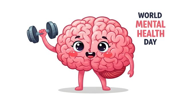 Cute cartoon brain character lifting a dumbbell for world mental health day concept on white background