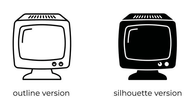 Retro Computer Icon: Two stylized icons of an old computer monitor, one in outline and the other as a silhouette, representing vintage technology and digital interfaces.