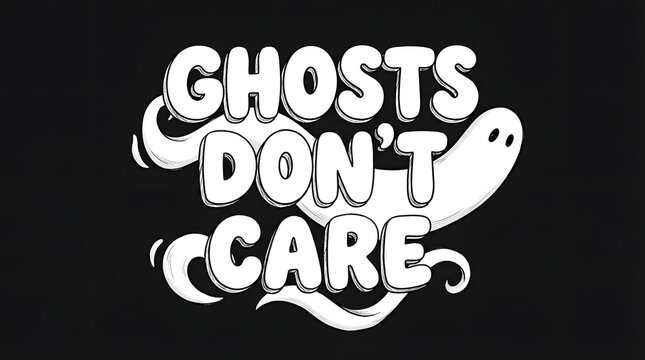 Ghosts dont care text with cartoon ghost on black background.