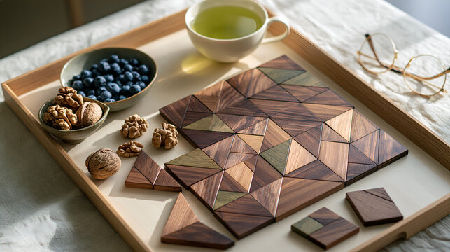 Wooden puzzle with walnuts and green tea for brain training
