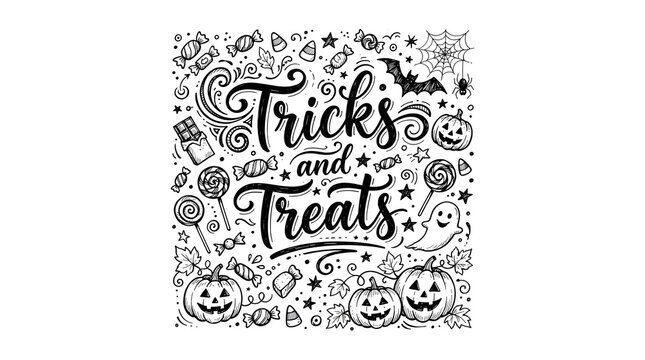 Trick or treat typography with Halloween illustrations and spooky symbols for decoration.