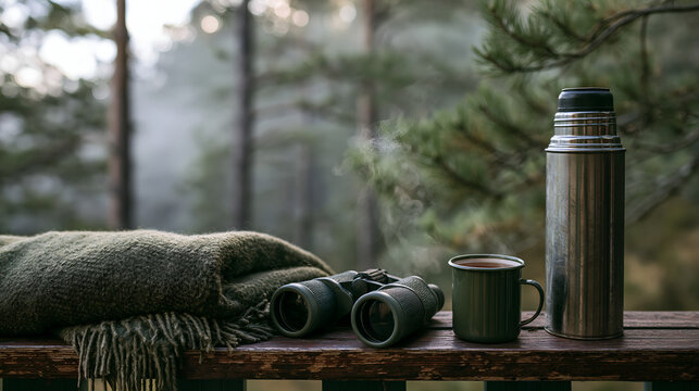 Screen free morning at a forest cabin with tea and binoculars