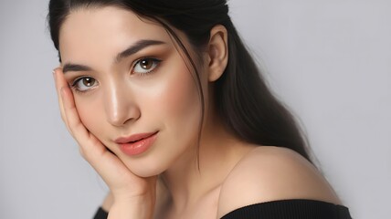 Fototapeta premium Woman with natural makeup touches her face in a studio portrait.