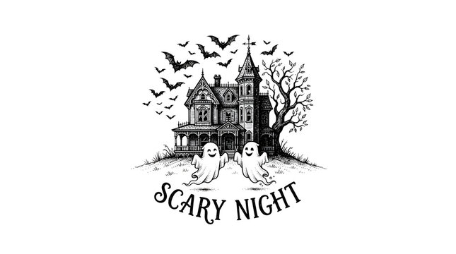 Scary night text with haunted house ghosts and bats for spooky Halloween night decoration.