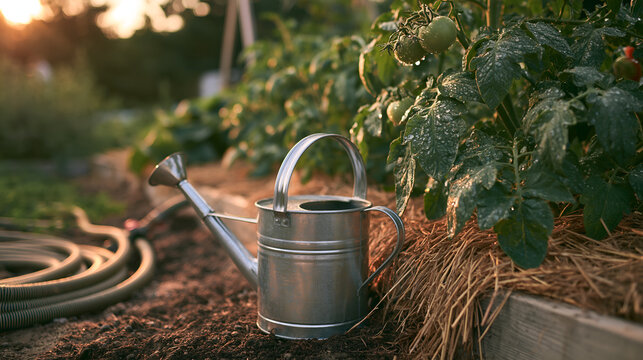 Metal watering can by a raised vegetable bed at golden hour