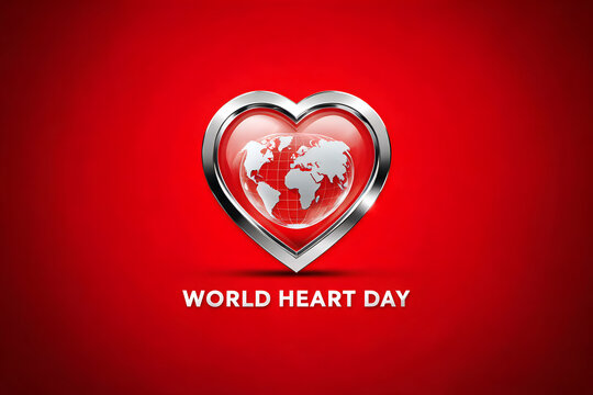 Heart shape with globe inside red background world heart day text global health awareness medical concept love