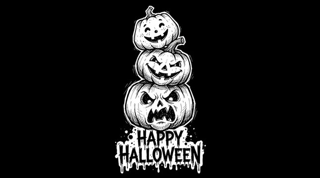 Stack of carved halloween pumpkins with spooky faces and happy halloween text.