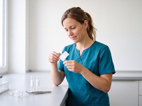 Nahaufnahme einer Frau um die 30 im blaugr&uuml;nen Kasack die im Labor ein Probenr&ouml;hrchen sorgf&auml;ltig mit einem Etikett beschriftet