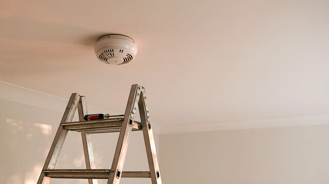Smoke detector on the ceiling with stepladder and batteries