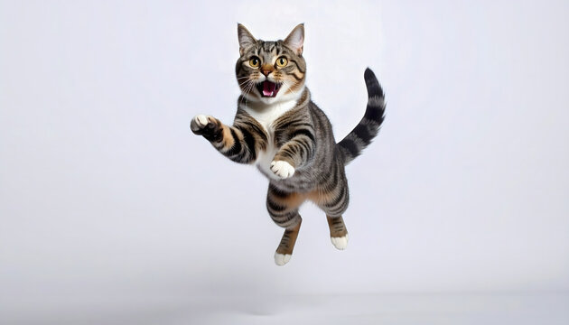 Cat jumping with mouth open in the studio