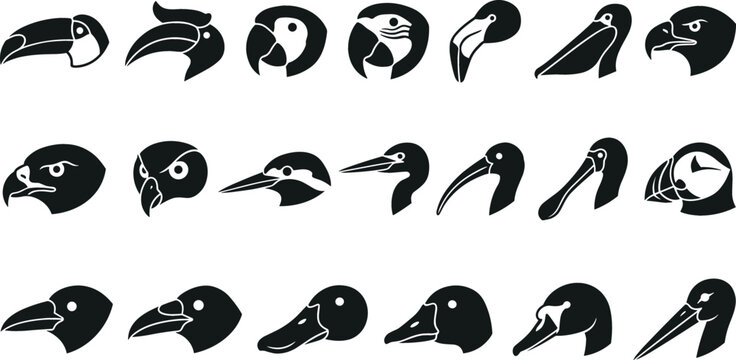 Bird Beaks and Bills Head Profile Silhouette Vector Icon Set Featuring Toucan Pelican Eagle Owl Duck and Swan Graphics