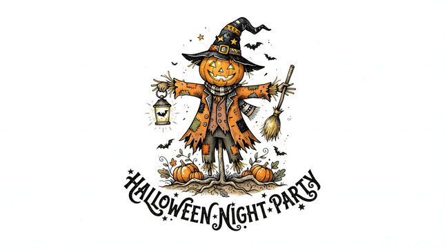 Halloween night party scarecrow pumpkin hat broomstick spooky illustration for october.
