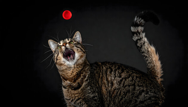 Cat trying to catch a red cap