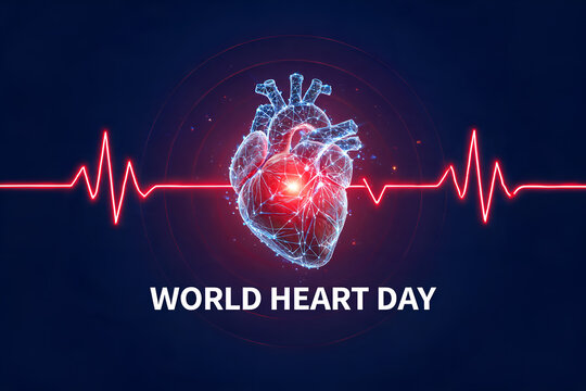World heart day abstract background glowing heartbeat network heart symbol illustration cardiology awareness medical health care