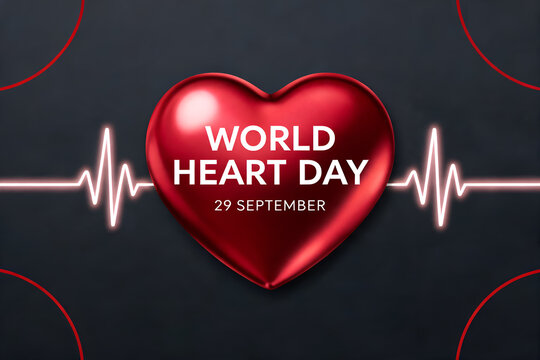 World heart day concept with a shiny red heart and glowing pulse line on a dark background for healthcare awareness