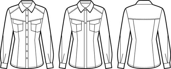Technical fashion sketch of a womens western style button down shirt with long sleeves and chest pockets © Mst
