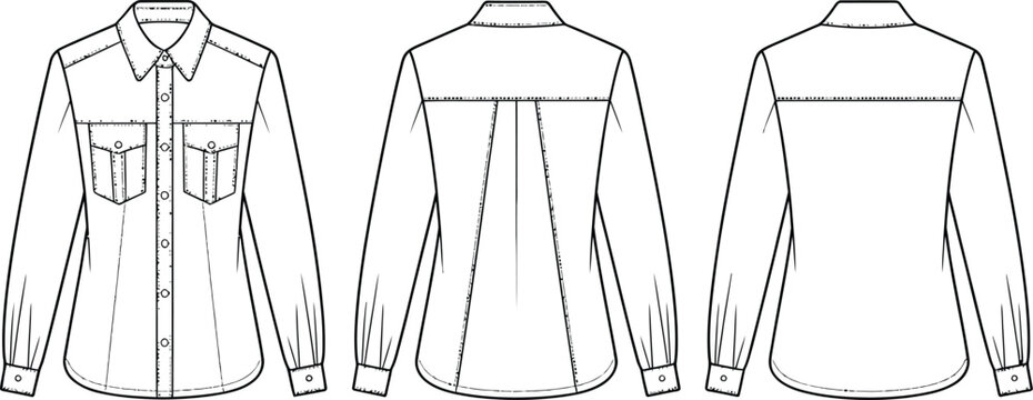 Technical fashion sketch of a womens long sleeve button down shirt with front chest pockets and back pleat