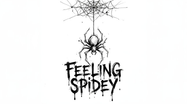 Feeling spidey spider hanging from web text illustration.
