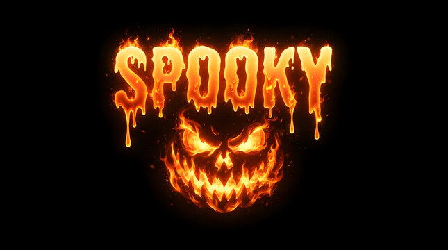 Spooky fire pumpkin face with fiery letters for halloween.