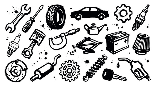 Collection of black and white hand-drawn car parts and tools with ink splatters on a clean white background