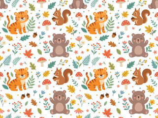 Naklejka premium Cute seamless pattern with cartoon forest animals, autumn leaves, and mushrooms on a white background.