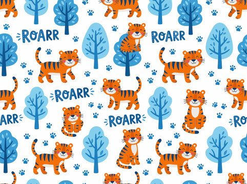Cute cartoon tiger seamless pattern with blue trees and 'ROARR' text on a white background, featuring playful jungle animals and paw prints.