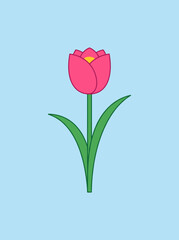 Obraz premium Simple flat line vector drawing of single pink tulip flower with green stem and two leaves against solid light blue clean minimal backdrop