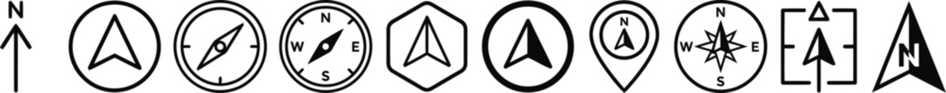 Collection of navigational icons and symbols in black silhouette style on a white background direction orientation navigation wayfinding signage