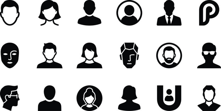 Collection of monochrome person icons depicting diverse faces and head silhouettes on a white background avatar profile figure human