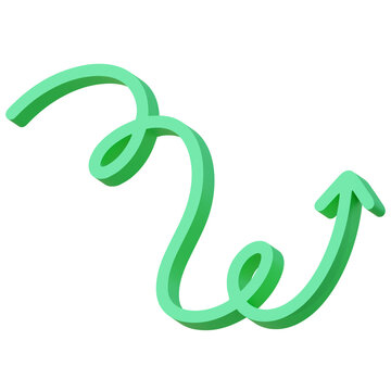 3D illustration of green curly swirl arrow looping upward motion flow on transparent background