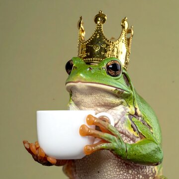 A regal green frog wearing a gold crown holds a white teacup