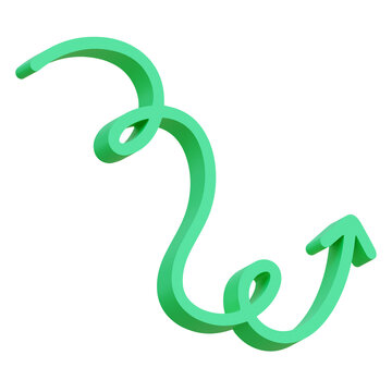 3D illustration green glossy curly swirl looping arrow flourish elegant script upward transparent background