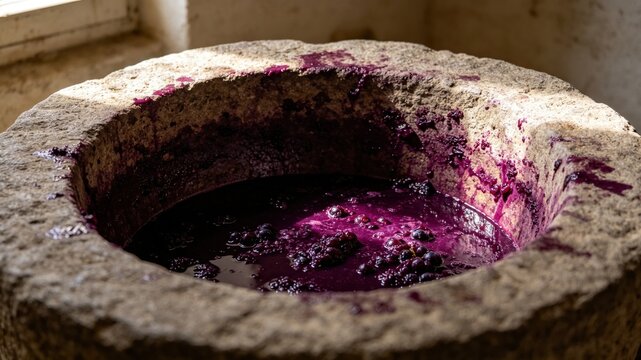 Ancient stone wine press with deep purple grape residue, textured surface in soft window light.