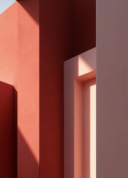 Close-up of a modern building with a geometric design. the walls are painted in a gradient of colors, with the left side being a bright coral pink and the right side a light pink.