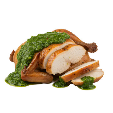 Sliced ​​roast chicken with green sauce