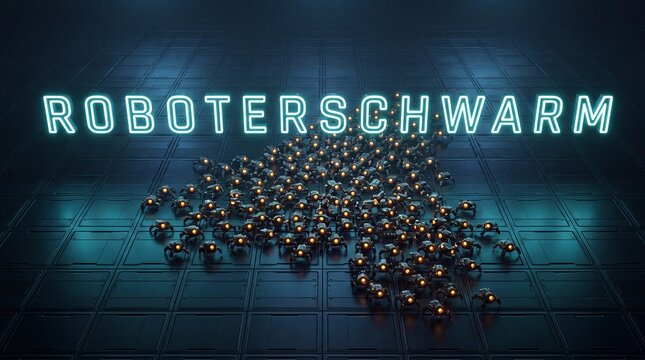 Leuchtender Neon-Schriftzug ROBOTERSCHWARM in der Totale umringt von einem dichten Roboterschwarm auf dunkler Tech-Flaeche