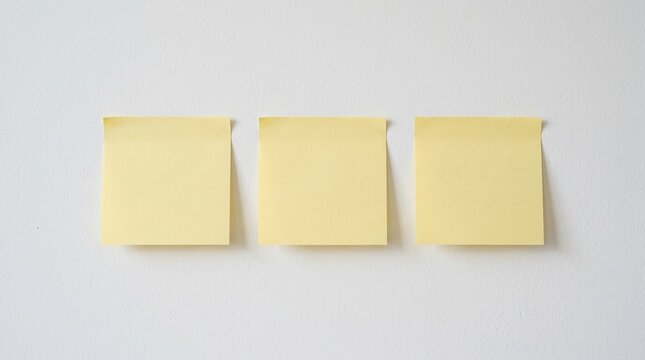 Three blank yellow sticky notes for copy space on a white wall background
