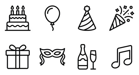 Fototapeta premium Celebration and party event icons collection with champagne birthday celebration anniversary festival carnival confetti celebrate graphics