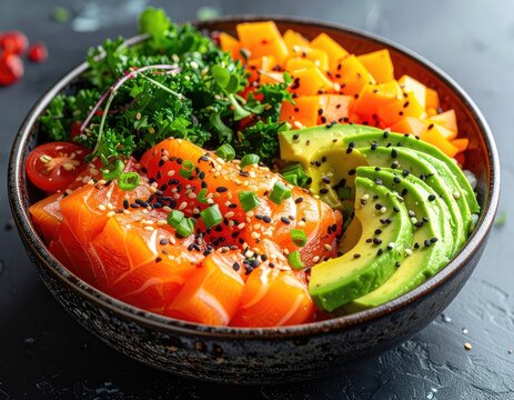 Colorful bowl of fresh salmon, avocado, kale, mango, and cherry tomatoes